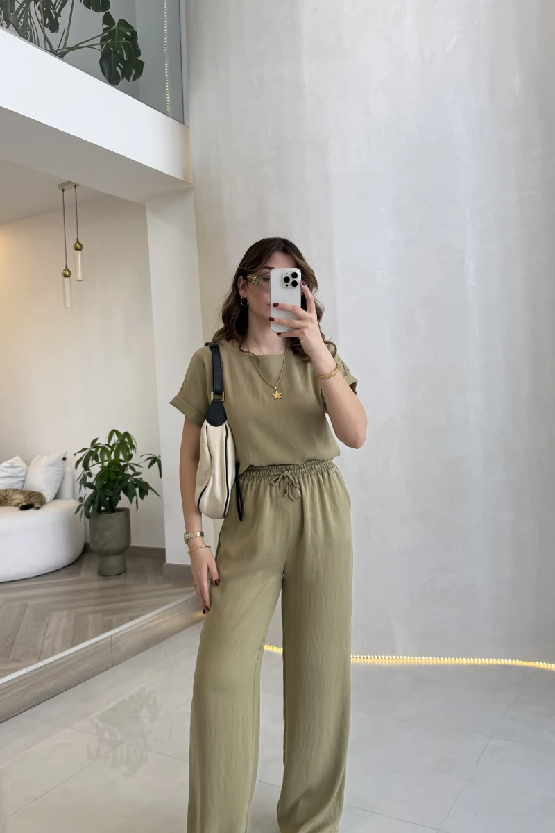 Yarım Kol Bluz Pantolon Takım - Olive - Kod: 51163