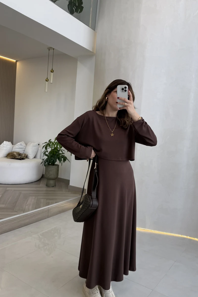 Bluzlu İkili Takım Elbise - Kahverengi - Kod: 4064