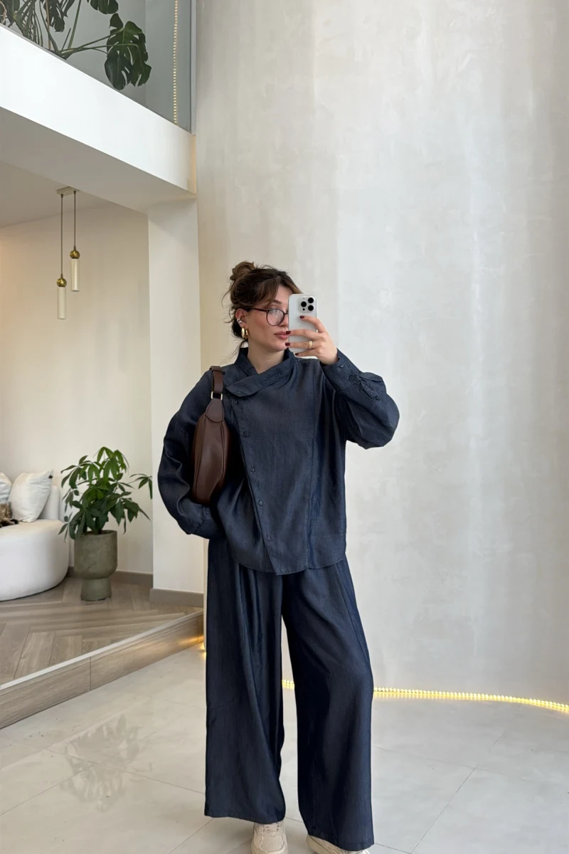 Dik Yaka Denim Tensel Gömlek- Pantolon Takım - Lacivert - Kod: 0100