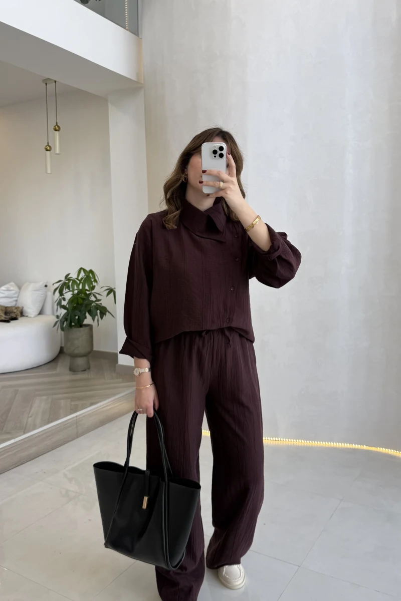 Asimetrik Kesim Yaka Detay Gömlek Takım - Bordo - Kod: 51335