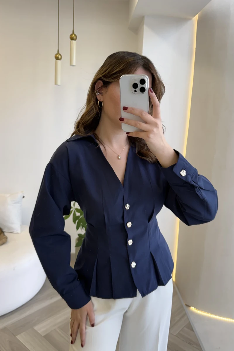 Missy Beli Pile Detay V Yaka Gömlek - Lacivert - Kod: 2222