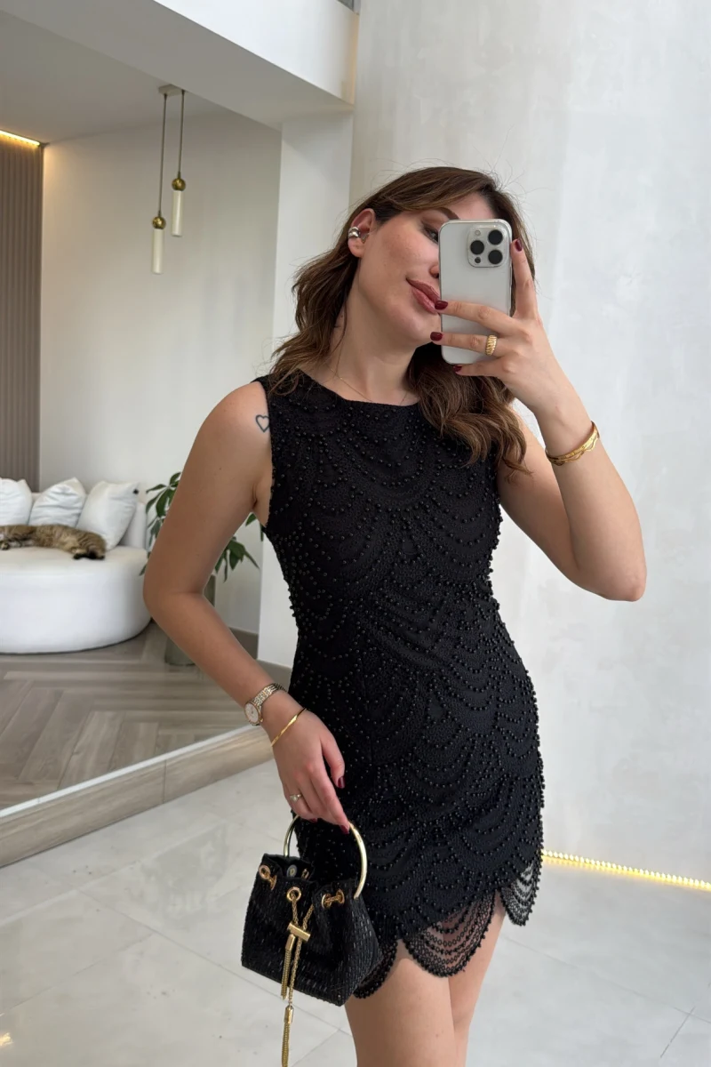İncili Mini Elbise - Siyah - Kod: 39364