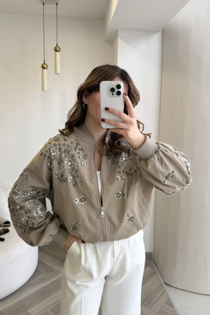 Premium Taş Pul Detaylı Pamuklu Ceket - Vizon - Kod: 99927