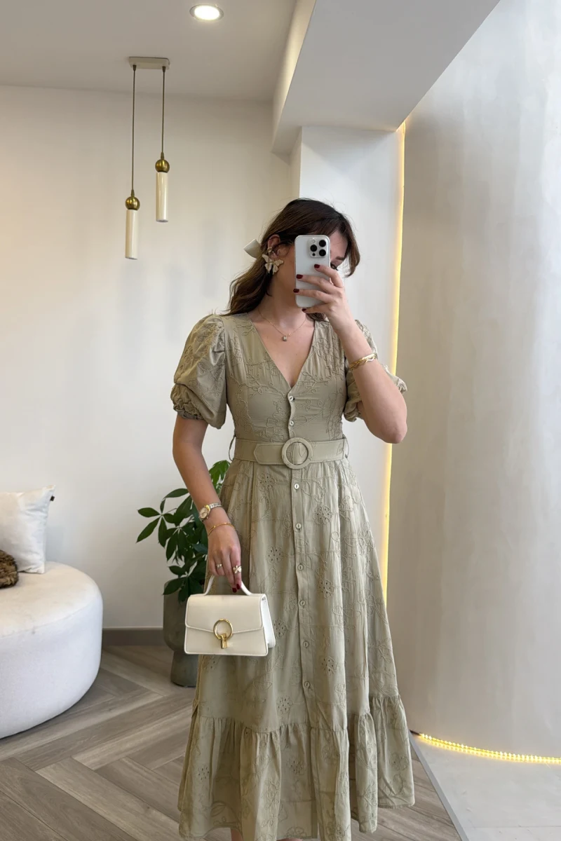 V Yaka Balon Kol Çiçek Nakışlı Kemerli Pamuk Elbise - Olive - Kod: 3076