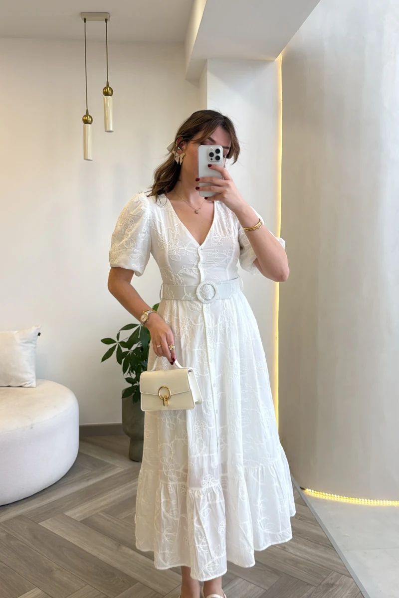 V Yaka Balon Kol Çiçek Nakışlı Kemerli Pamuk Elbise - Beyaz - Kod: 3076