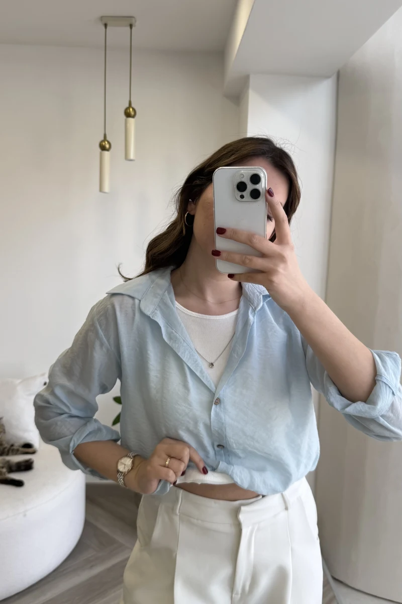 Aksesuar Detaylı Body Gömlek - Bebe Mavisi - Kod: 2016