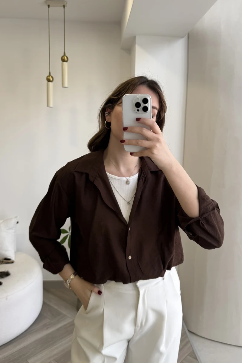 Aksesuar Detaylı Body Gömlek - Kahverengi - Kod: 2016