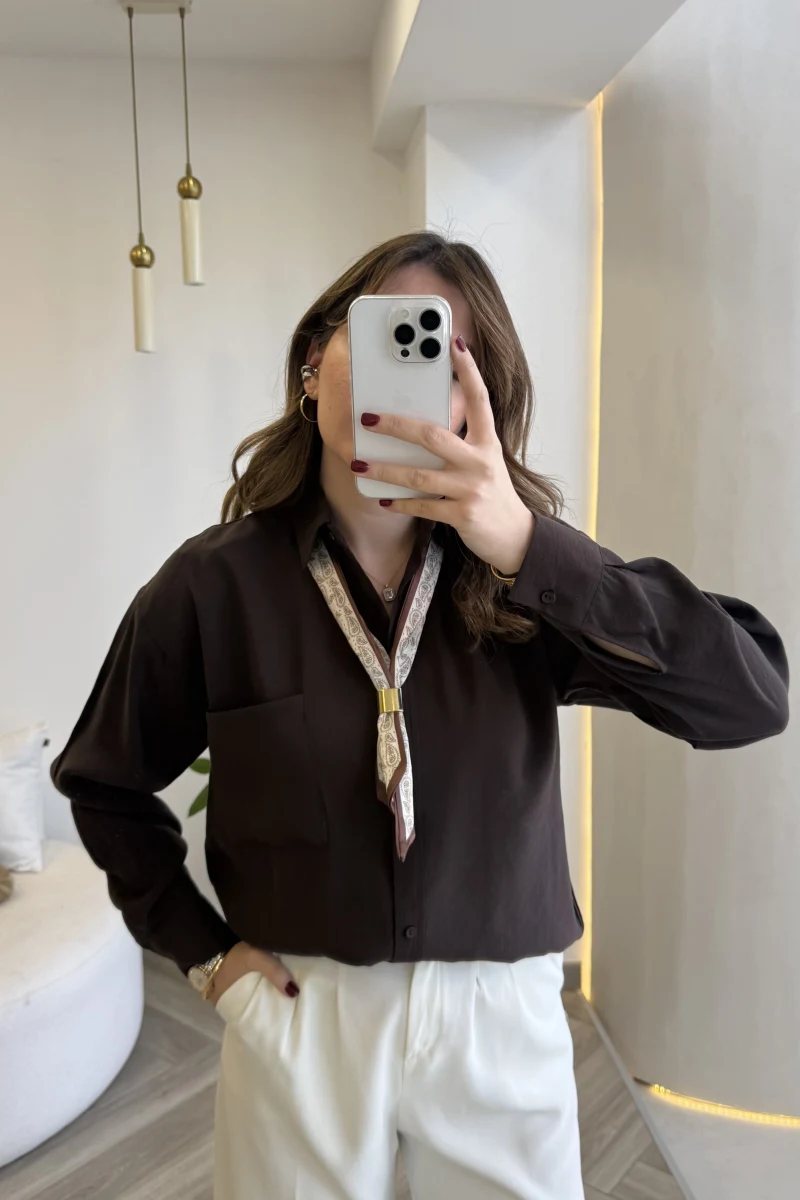 Pamuk Kumaş Fularlı Gömlek - Acı Kahve