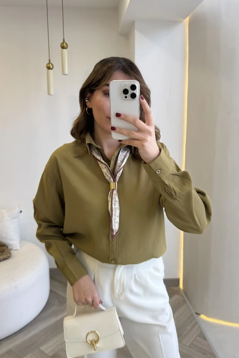 Pamuk Kumaş Fularlı Gömlek - Haki