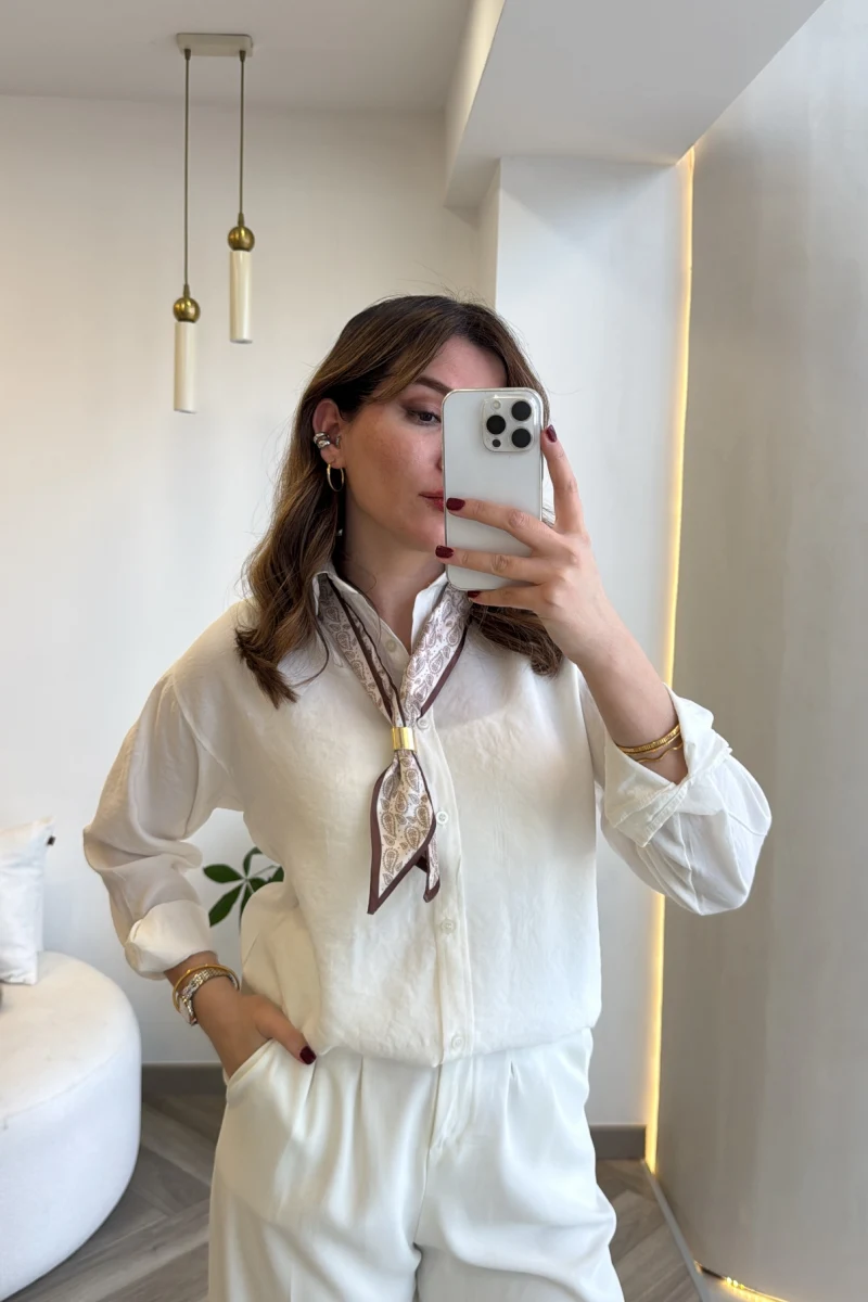 Pamuk Kumaş Fularlı Gömlek - Ekru