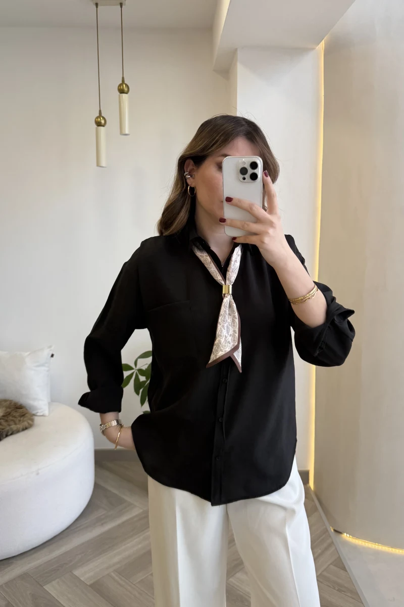 Pamuk Kumaş Fularlı Gömlek - Siyah