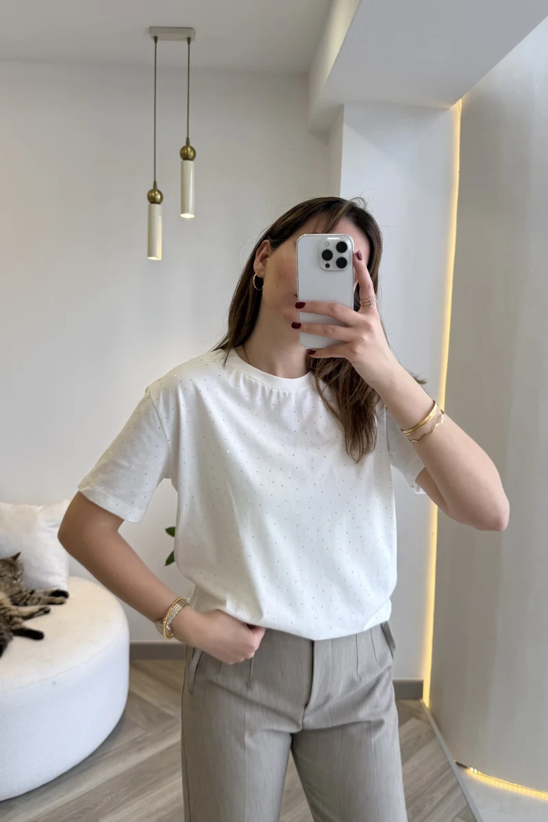 Sorrento Taşlı T-shirt - Ekru - Kod: 8491