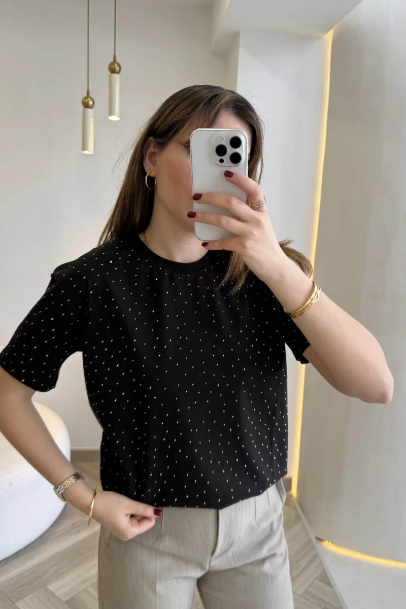 Sorrento Taşlı T-shirt - Siyah - Kod: 8491