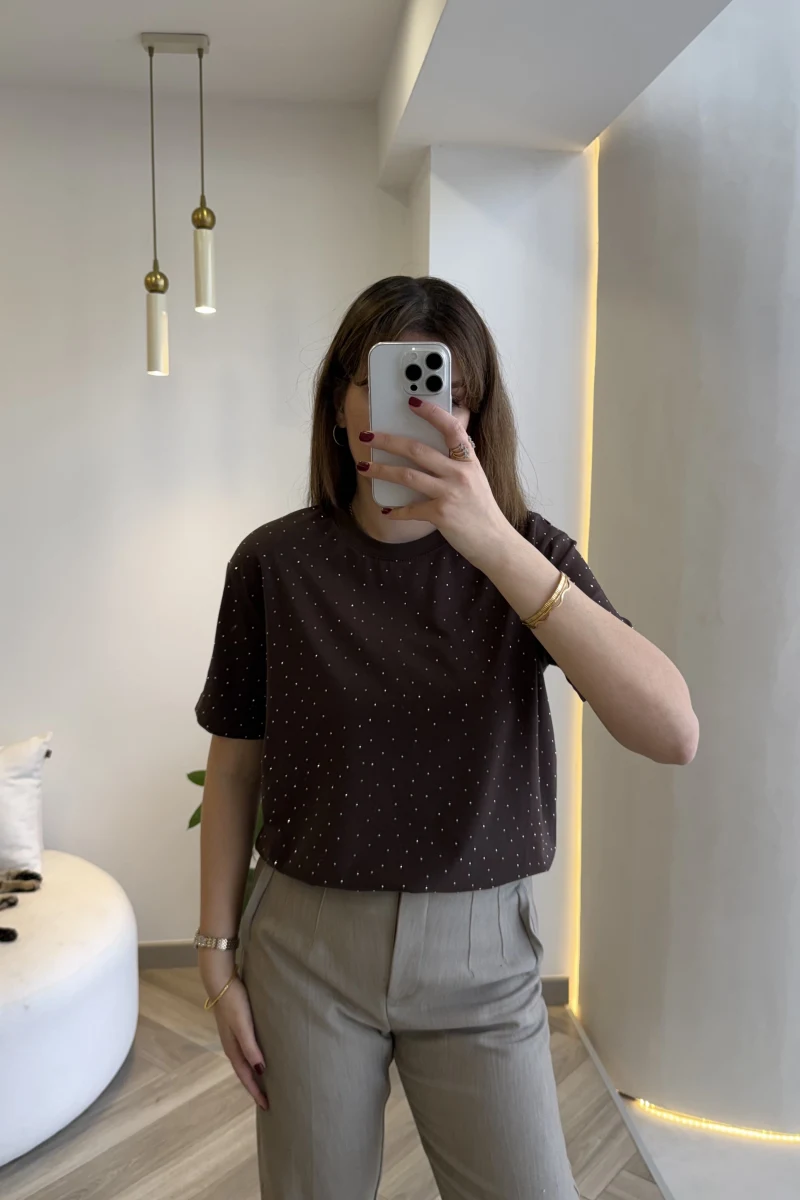 Sorrento Taşlı T-shirt - Kahverengi - Kod: 8491