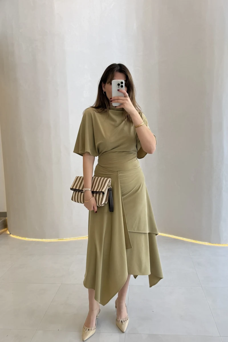 Flawless Modal Kumaş Asimetrik Kesim Etek Bluz Takım - Haki - Kod: 0931