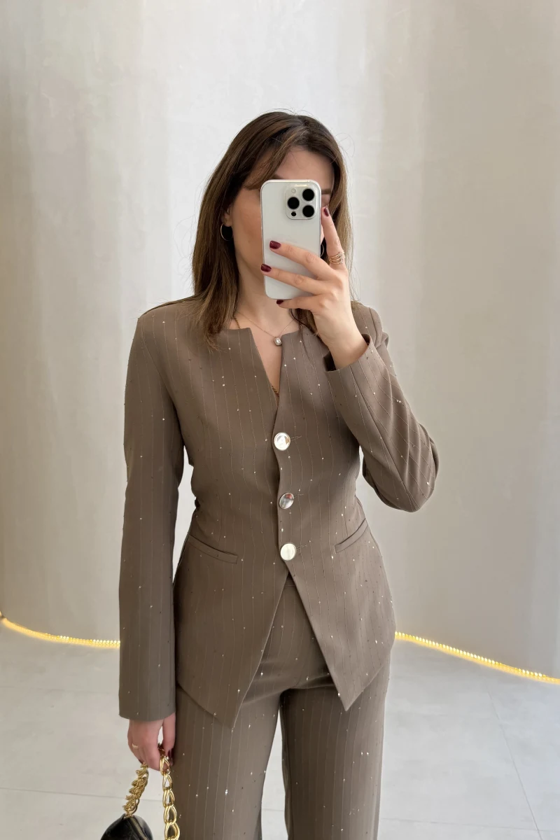 Sim ve Pul Detay Bağcıklı Ceket Pantolon Takım - Kahve - Kod: 80322