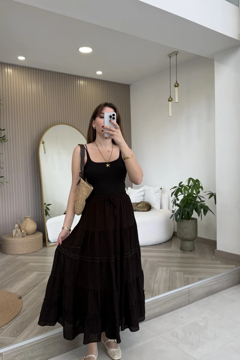 Ajur Şerit Detay Bürümcük Etek - Acı Kahve - Kod: 5056