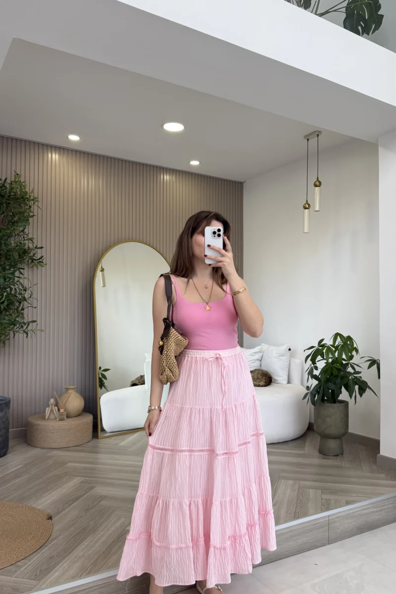 Ajur Şerit Detay Bürümcük Etek - Pembe - Kod: 5056