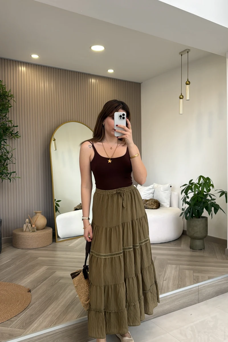 Ajur Şerit Detay Bürümcük Etek - Haki - Kod: 5056