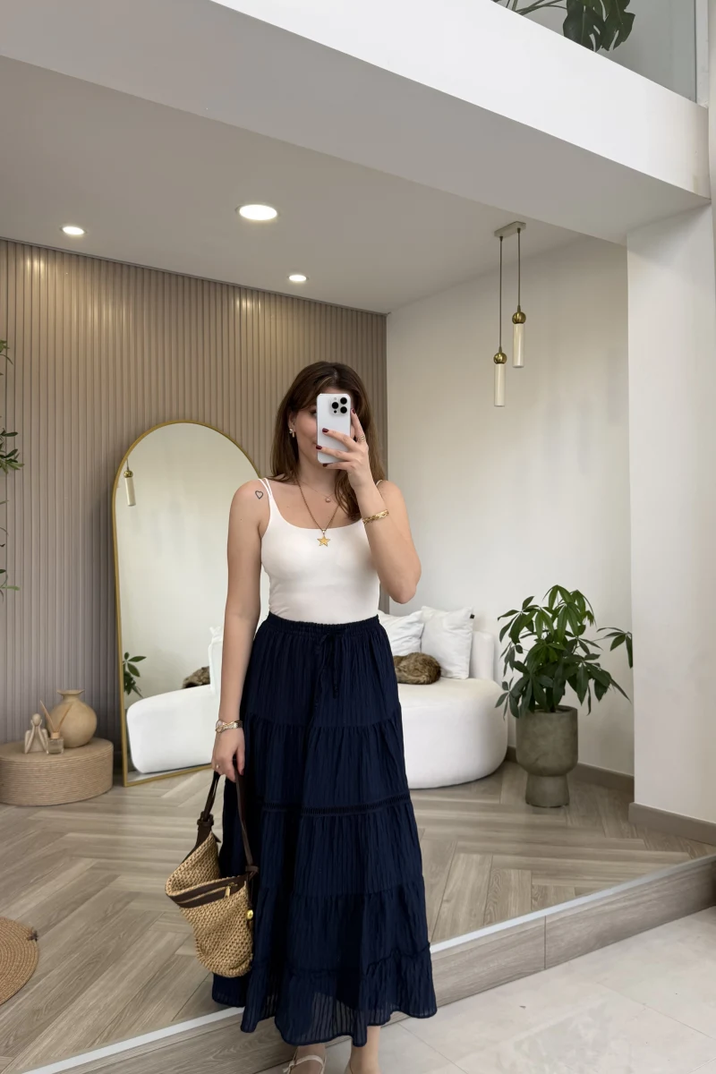 Ajur Şerit Detay Bürümcük Etek - Lacivert - Kod: 5056