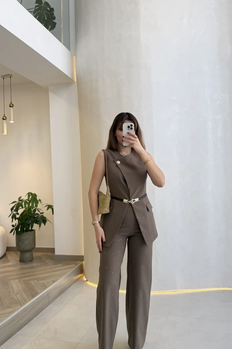 Arezzo Pul Detay Kemerli Yelek Takım - Vizon Kahve - Kod: 80359