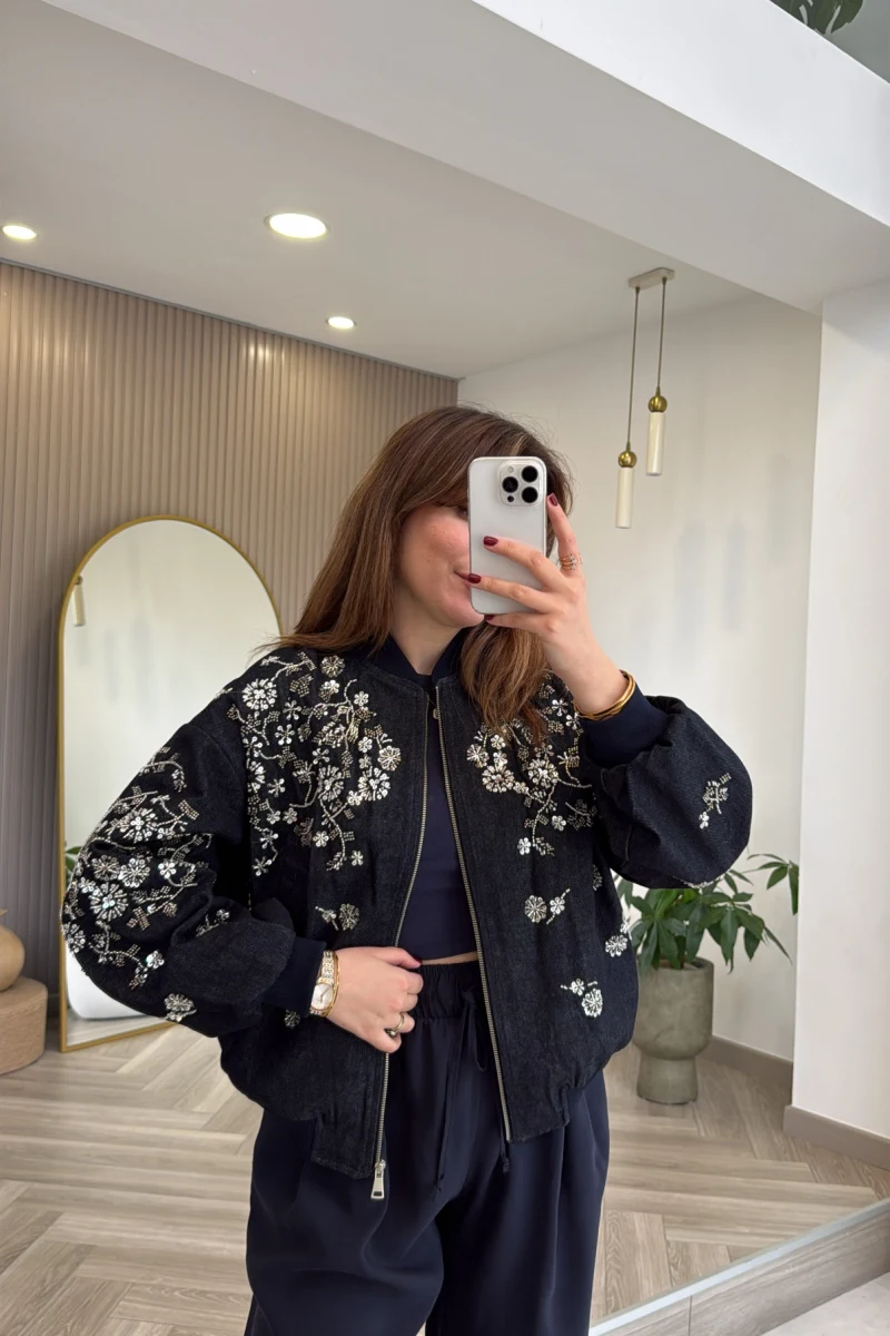 Premium Taş Pul Detaylı Pamuklu Ceket - Lacivert - Kod: 99927