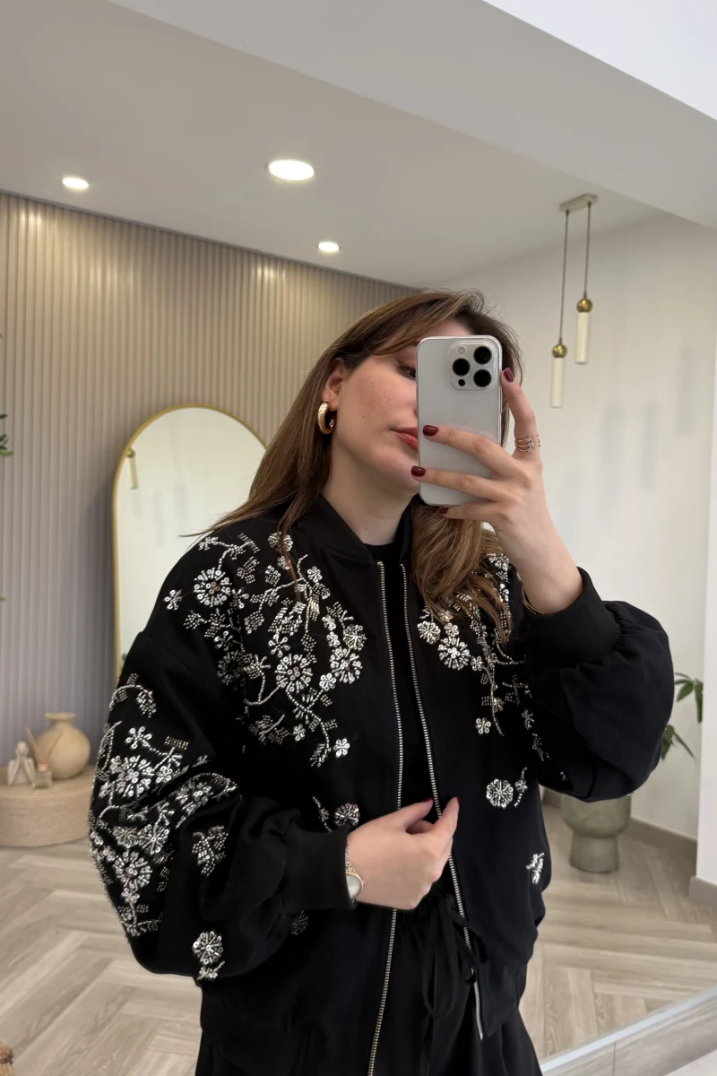 Premium Taş Pul Detaylı Pamuklu Ceket - Siyah - Kod: 99927