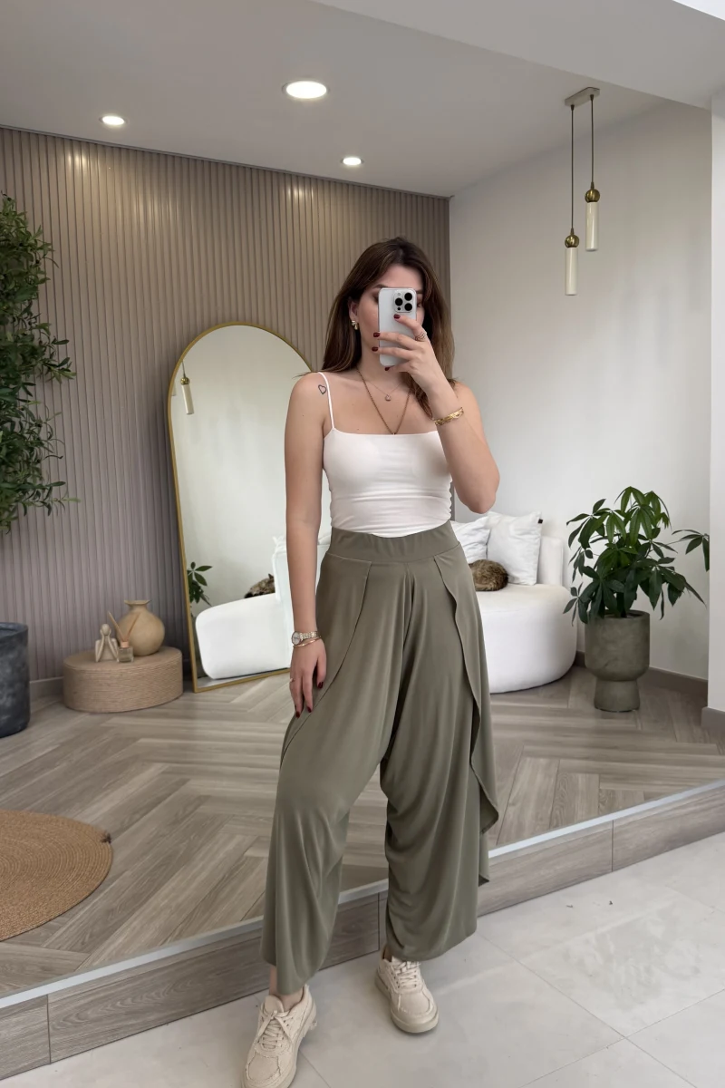 Yırtmaçlı Şalvar Pantolon - Haki - Kod: 51147