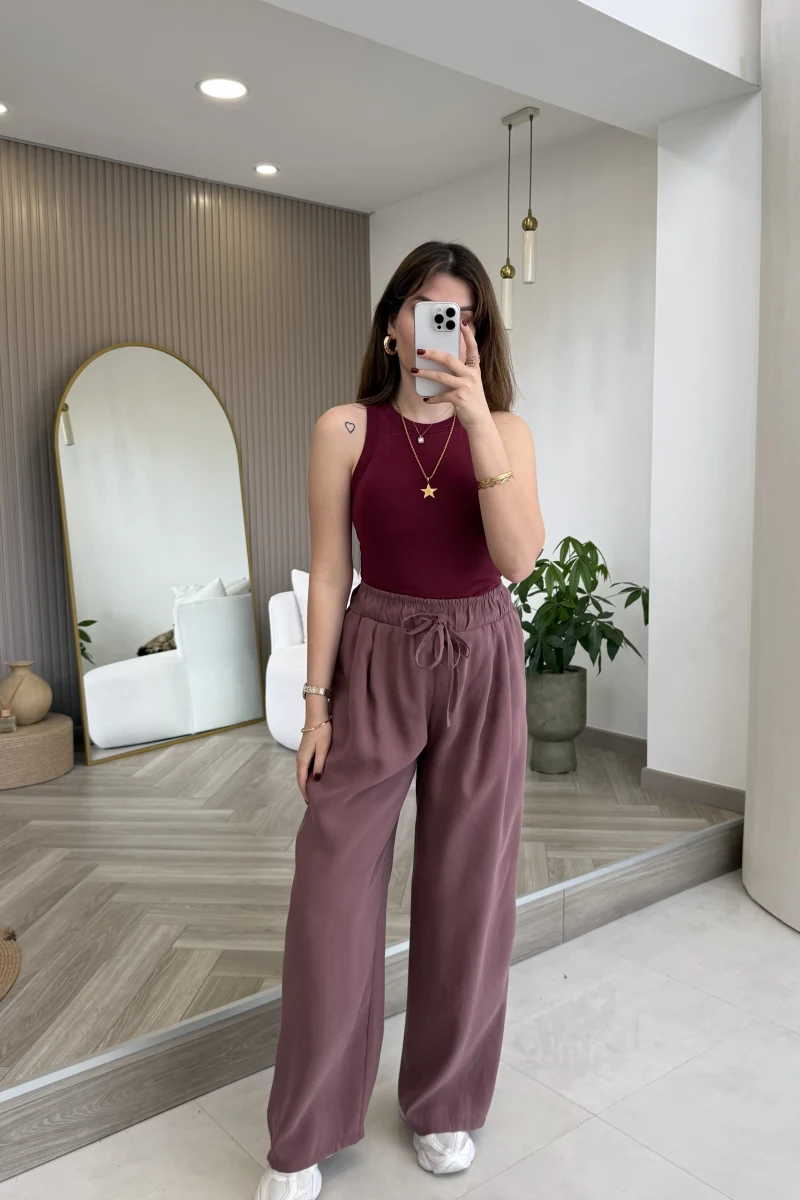 Menessa Bol Paça Beli Lastikli Pantolon - Gül Kurusu - Kod: 3720