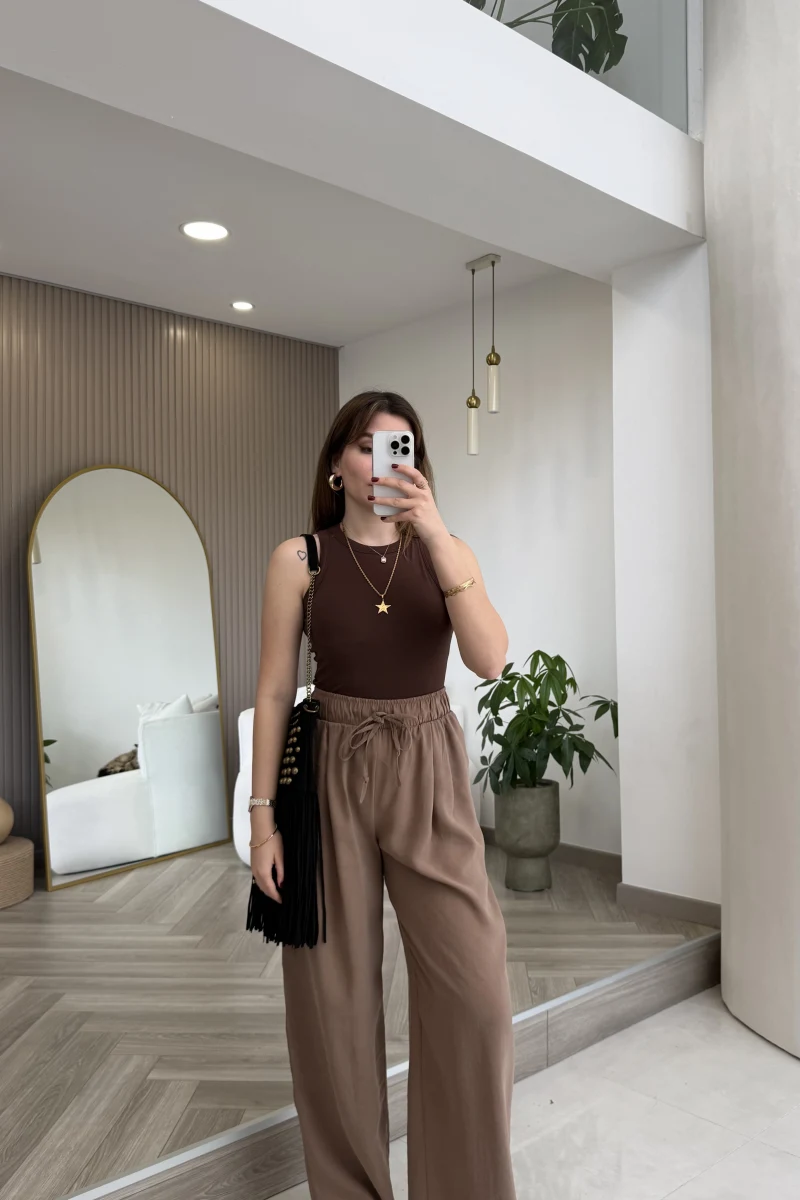 Menessa Bol Paça Beli Lastikli Pantolon - Vizon - Kod: 3720