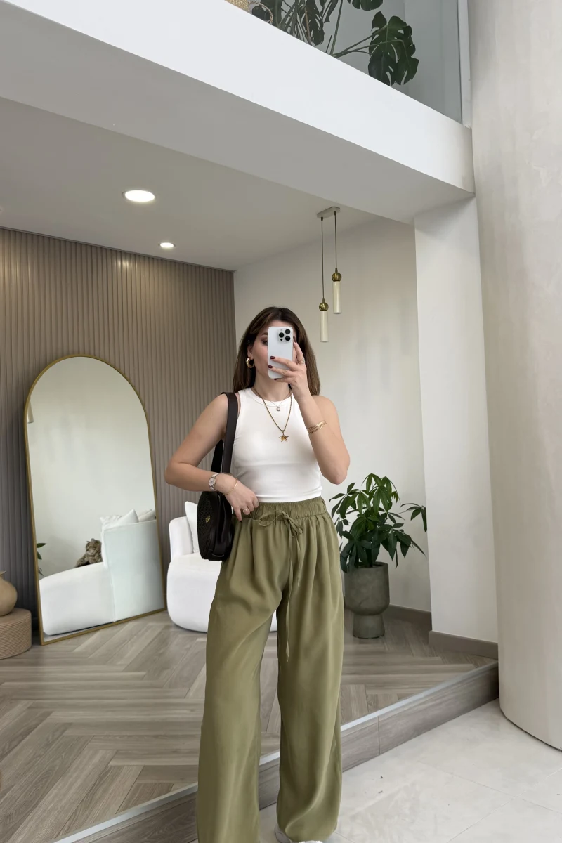 Menessa Bol Paça Beli Lastikli Pantolon - Çağla - Kod: 3720