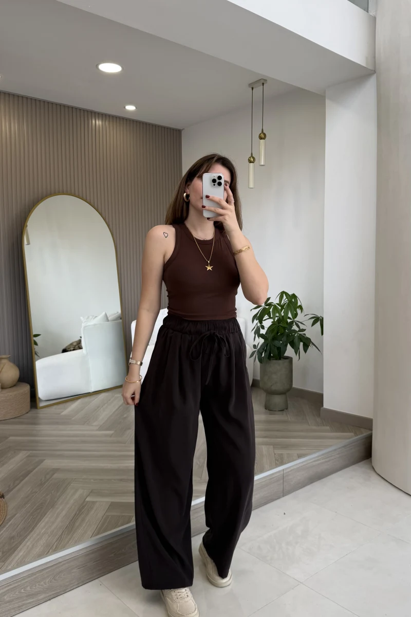 Menessa Bol Paça Beli Lastikli Pantolon - Acı Kahve - Kod: 3720