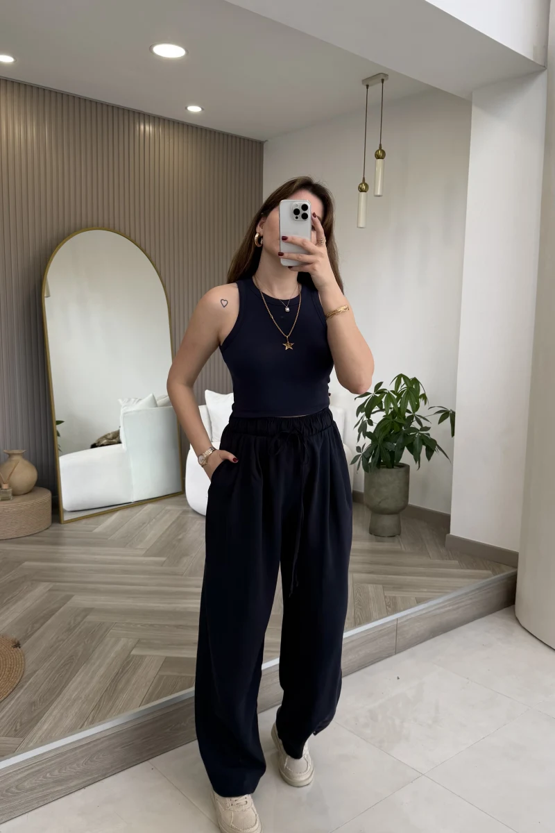 Menessa Bol Paça Beli Lastikli Pantolon - Lacivert - Kod: 3720