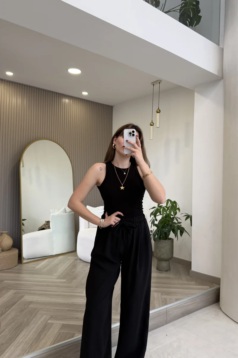 Menessa Bol Paça Beli Lastikli Pantolon - Siyah - Kod: 3720