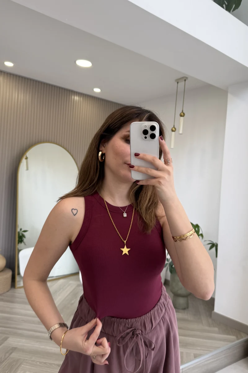 Halter Yaka Göğüs Pedli Crop Body - Bordo - Kod: 5044