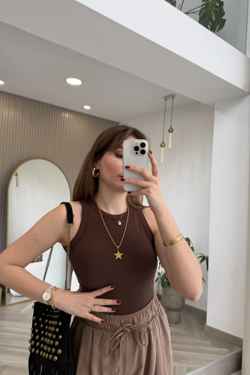 Halter Yaka Göğüs Pedli Crop Body - Acı Kahve - Kod: 5044