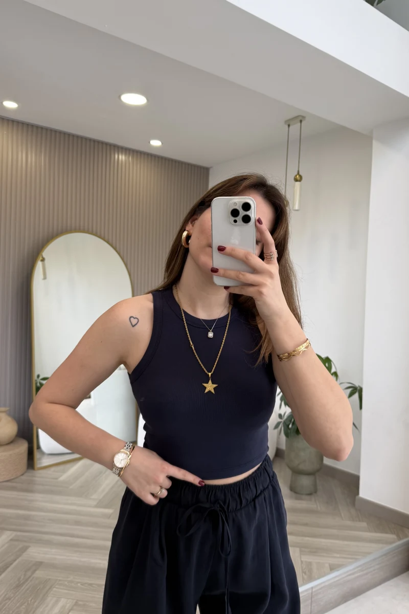 Halter Yaka Göğüs Pedli Crop Body - Lacivert - Kod: 5044