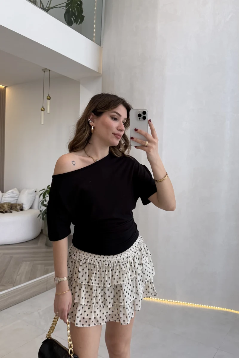 Nia Puantiye Desenli Şifon Mini Etek - Krem - 01427