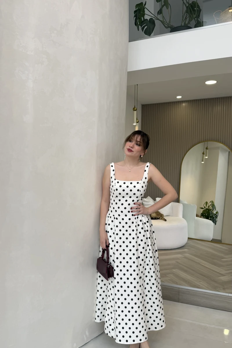 Askılı Puantiye Desenli Kloş Elbise - Ekru - Kod: 0344