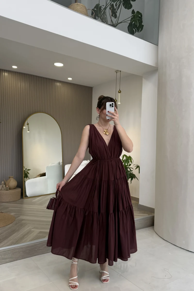 Kaylee V Yaka Bağcıklı Pamuklu Elbise - Bordo - Kod: 052