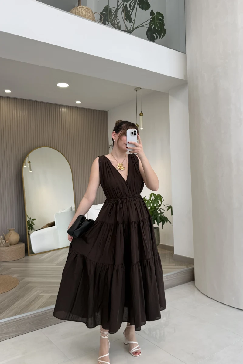 Kaylee V Yaka Bağcıklı Pamuklu Elbise - Kahve - Kod: 052