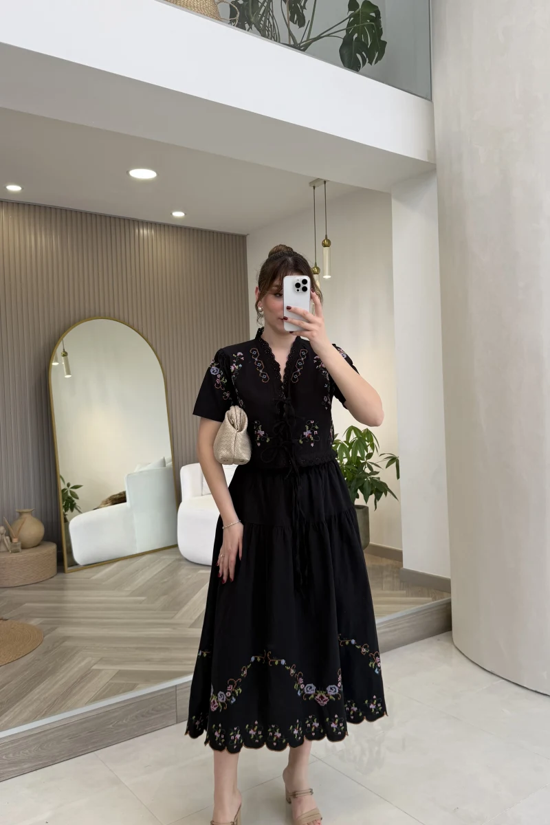 Renkli Nakış Yıkamalı Keten Kumaş Bluz Etek Takım - Siyah