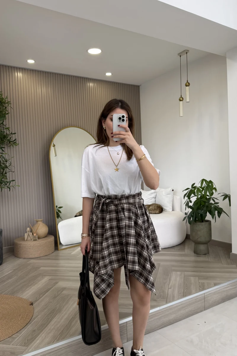 Bağlamalı Ekose Desenli Mini Etek - Kahverengi - Kod: 8460