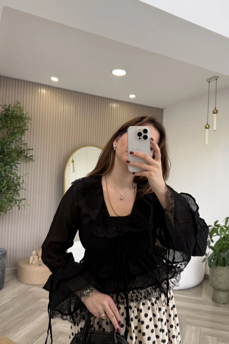 Sebastian Dantel Detay Fırfırlı Bluz - Siyah - Kod: 1075