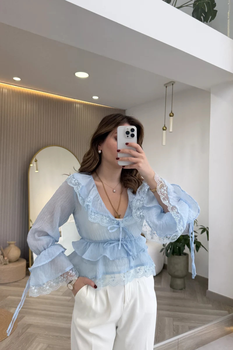 Sebastian Dantel Detay Fırfırlı Bluz - Mavi - Kod: 1075