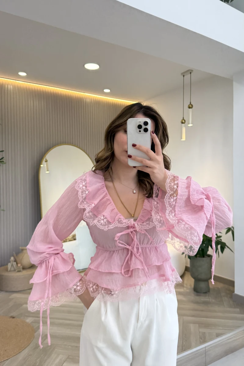 Sebastian Dantel Detay Fırfırlı Bluz - Pembe - Kod: 1075