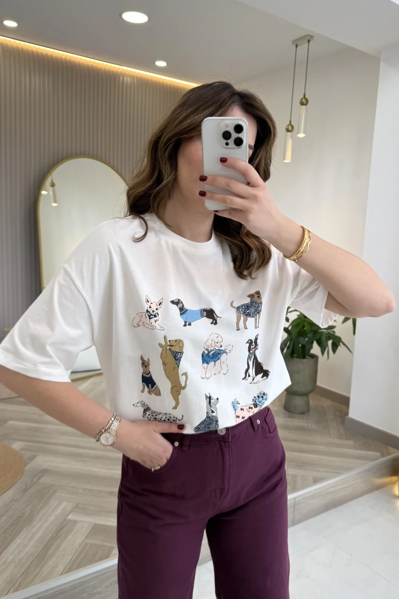 Sweet Dogs Baskılı T-shirt - Ekru - Kod: 02022