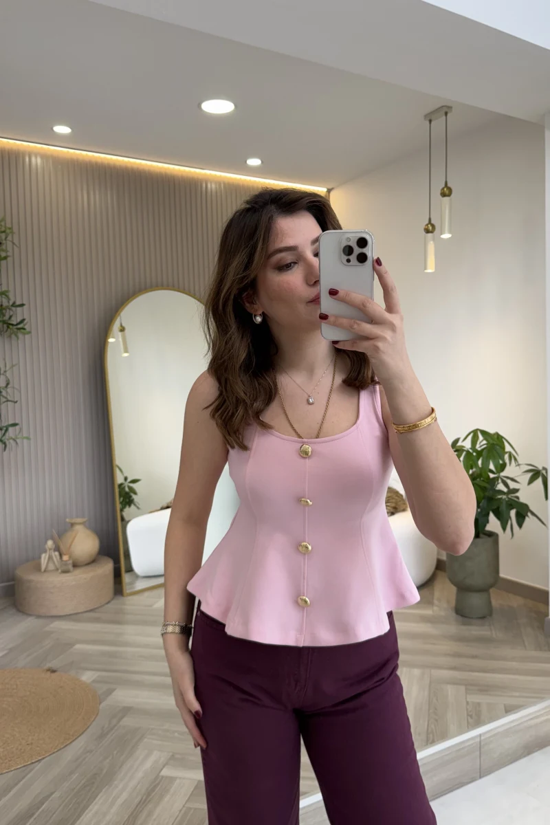 Düğmeli Bel Detaylı Sıfır Kol Bluz - Toz Pembe - Kod: 31979