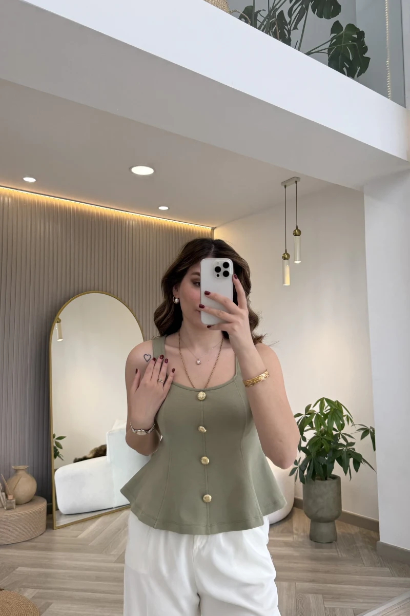 Düğmeli Bel Detaylı Sıfır Kol Bluz - Çağla - Kod: 31979