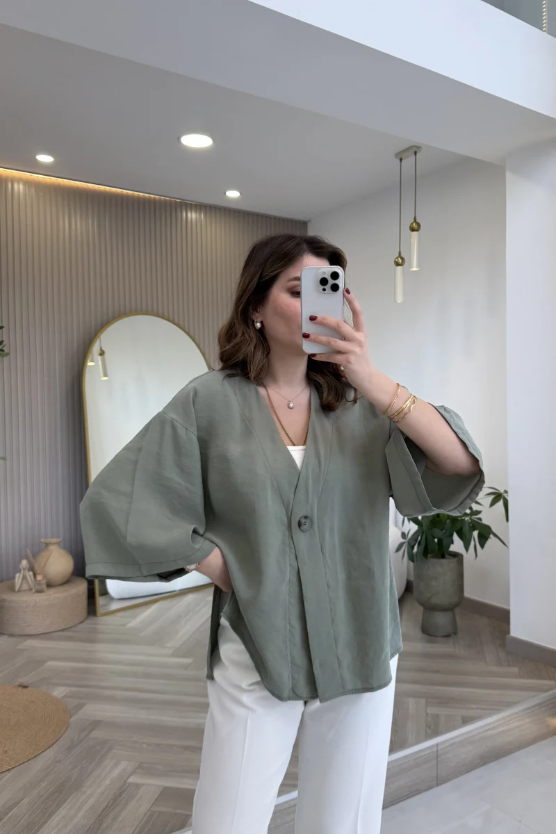 Önü Düğmeli Modal Gömlek - Çağla Yeşili - Kod: 4961